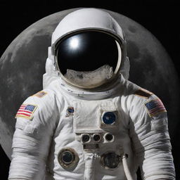 A full moon anthropomorphized and wearing a detailed, modern astronaut spacesuit.