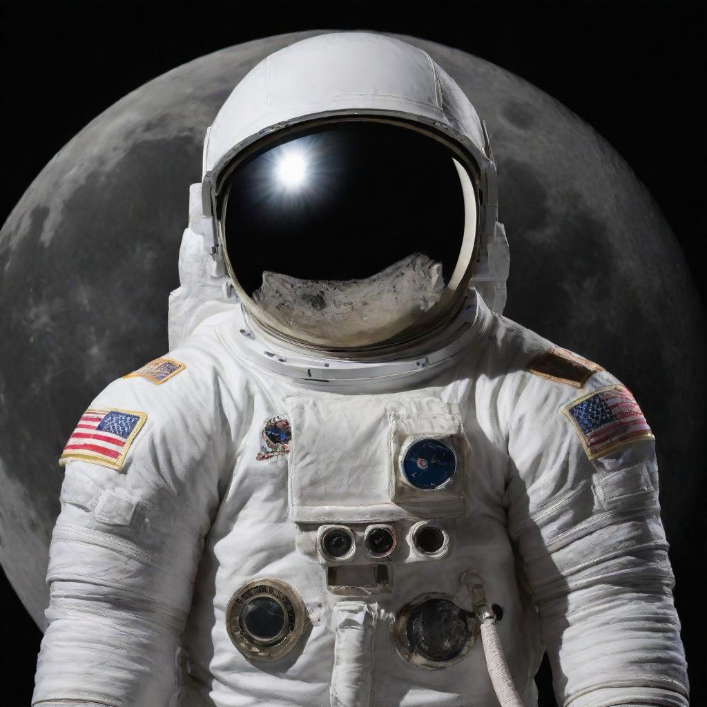 A full moon anthropomorphized and wearing a detailed, modern astronaut spacesuit.