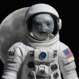 A full moon anthropomorphized and wearing a detailed, modern astronaut spacesuit.