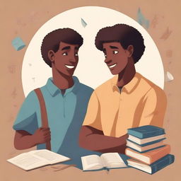 This is a high-quality illustration that vividly captures the essence of friendship and personal growth in a college setting