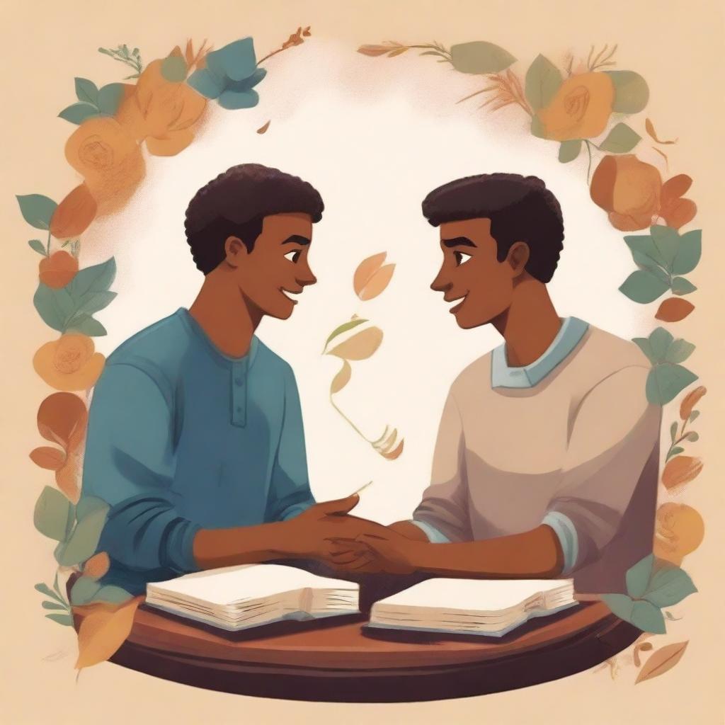 This is a high-quality illustration that beautifully captures the essence of friendship and personal growth in a college setting