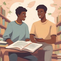 This is a high-quality illustration that beautifully captures the essence of friendship and personal growth in a college setting