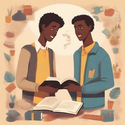 This is a high-quality illustration that beautifully captures the essence of friendship and personal growth in a college setting