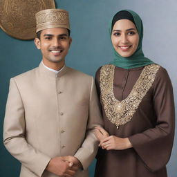 A professional young man with short hair, dressed as a bank employee standing alongside a Muslim woman adorned in traditional attire, capturing an essence of unity and cultural diversity.