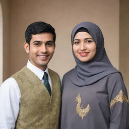 A professional young man with short hair, dressed as a bank employee standing alongside a Muslim woman adorned in traditional attire, capturing an essence of unity and cultural diversity.