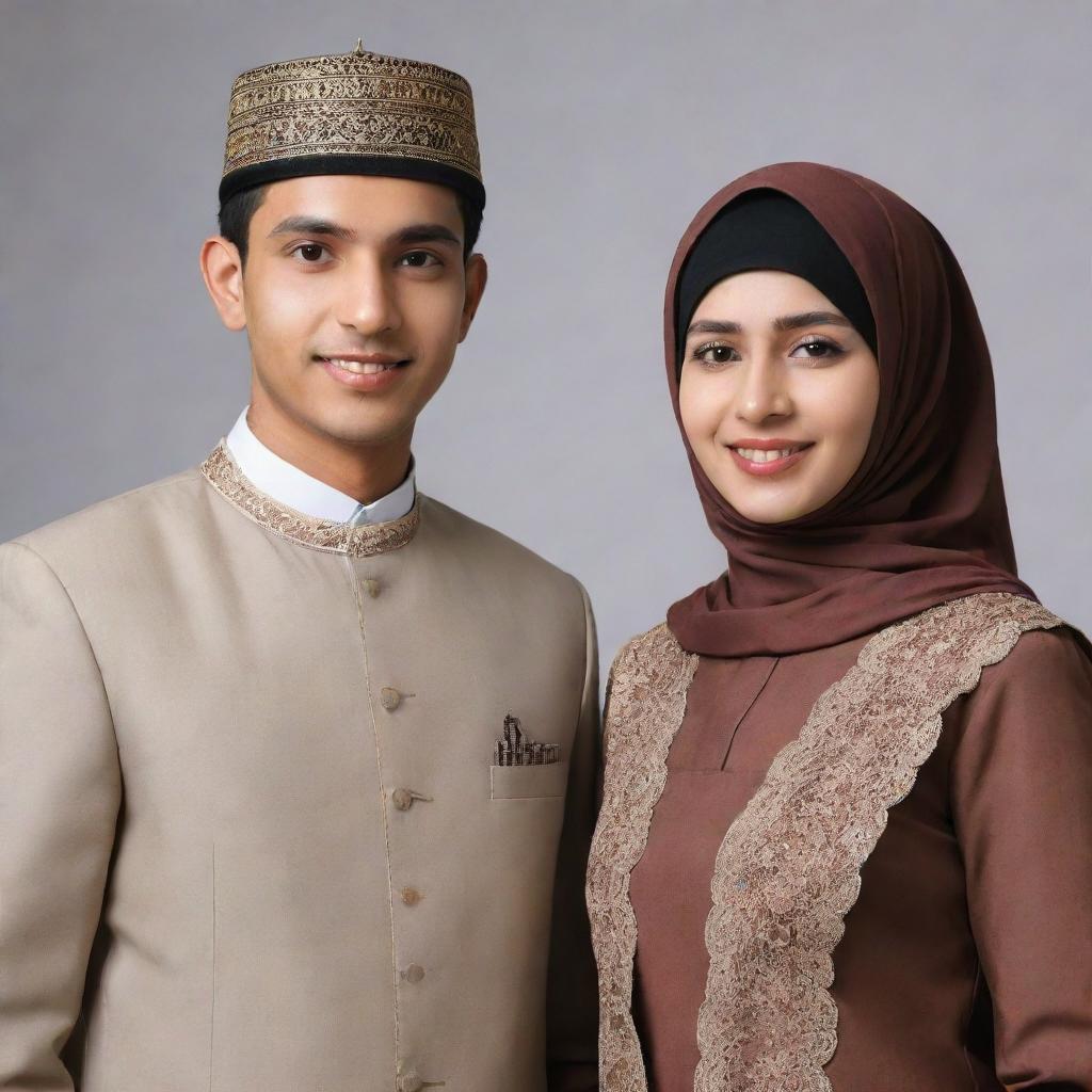 A professional young man with short hair, dressed as a bank employee standing alongside a Muslim woman adorned in traditional attire, capturing an essence of unity and cultural diversity.