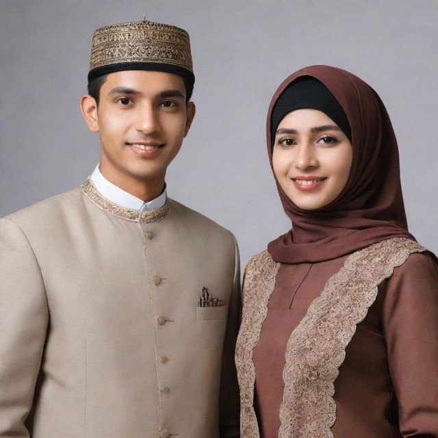 A professional young man with short hair, dressed as a bank employee standing alongside a Muslim woman adorned in traditional attire, capturing an essence of unity and cultural diversity.
