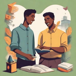 This is a high-quality illustration that vividly captures the essence of friendship and personal growth in a college setting