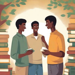 This is a high-quality illustration that vividly captures the essence of friendship and personal growth in a college setting