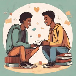 This is a high-quality illustration that vividly captures the essence of friendship and personal growth in a college setting