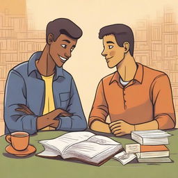 This is a high-quality illustration that vividly captures the essence of friendship and personal growth in a college setting