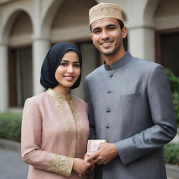 A professional young man with short hair, dressed as a bank employee standing alongside a Muslim woman adorned in traditional attire, capturing an essence of unity and cultural diversity.