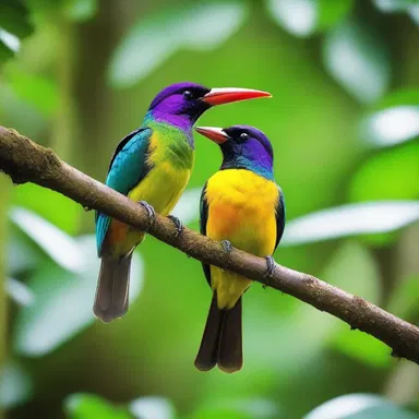 In the lush rainforest, the colorful birds find their niche to display their romantic courtship rituals.