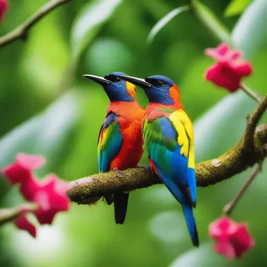 In the lush rainforest, the colorful birds find their niche to display their romantic courtship rituals.