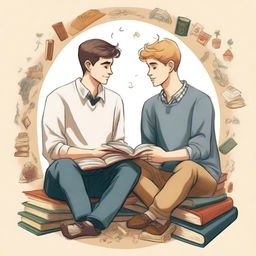 This is a high-quality illustration that artfully captures the essence of friendship and personal growth in a college setting