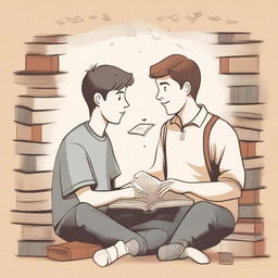 This is a high-quality illustration that artfully captures the essence of friendship and personal growth in a college setting