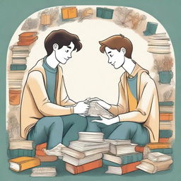 This is a high-quality illustration that artfully captures the essence of friendship and personal growth in a college setting