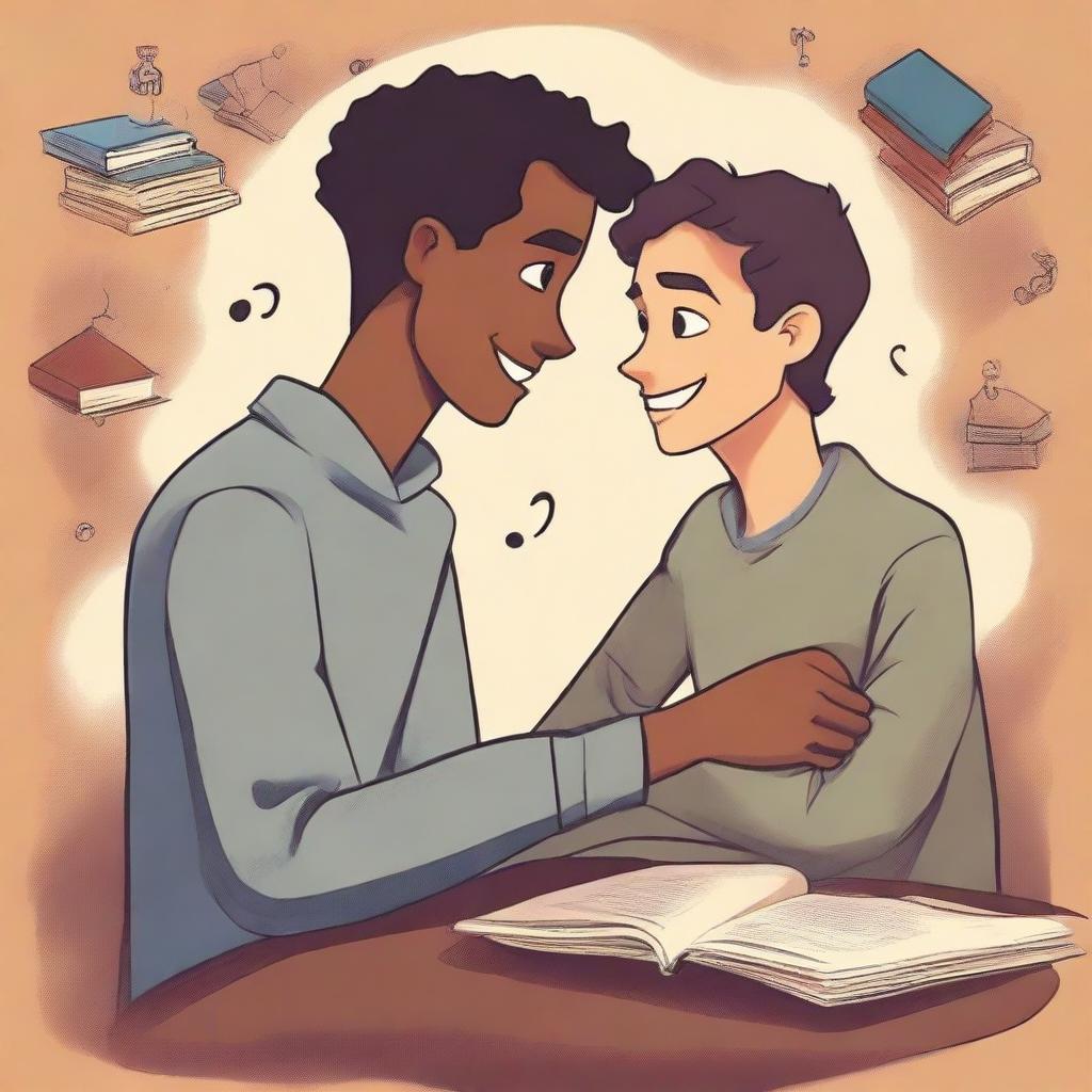 This is a high-quality illustration that vividly captures the essence of friendship and personal growth among young men in a college setting