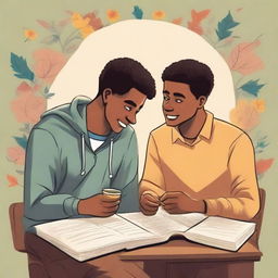 This is a high-quality illustration that vividly captures the essence of friendship and personal growth among young men in a college setting