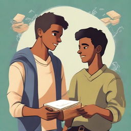 This is a high-quality illustration that vividly captures the essence of friendship and personal growth among young men in a college setting