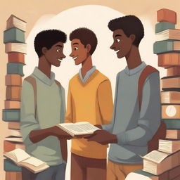 This is a high-quality illustration that vividly captures the essence of friendship and personal growth among young men in a college setting