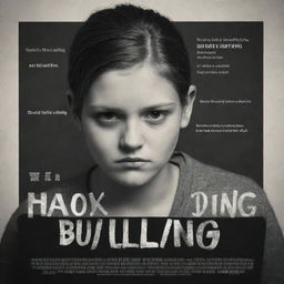 Craft a compelling movie poster on the theme of bullying and cyberbullying. Depict a contrast between a victim and a perpetrator, tools of digital communication, and a hopeful element indicating potential resolution, all in a dramatic color scheme.