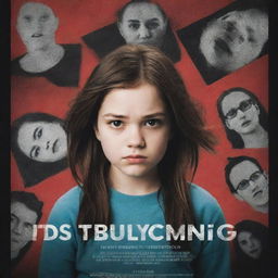 Create a powerful movie poster depicting the theme of bullying and cyberbullying. The image should contain symbolic digital elements, contrasting depictions of victims and perpetrators, and potential cues of resolve, all set in a impactful color palette.