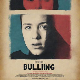 Design a striking movie poster with the theme of bullying and cyberbullying. Elements to include: distressed characters, symbols of digital communication, and a hopeful hint of resolution, all set in a dramatic and intense color scheme.