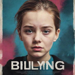 Design a striking movie poster with the theme of bullying and cyberbullying. Elements to include: distressed characters, symbols of digital communication, and a hopeful hint of resolution, all set in a dramatic and intense color scheme.