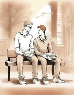 This is a high-quality illustration that beautifully portrays two young white college men, the protagonist and 'A', seated on a bench amidst the campus bustle