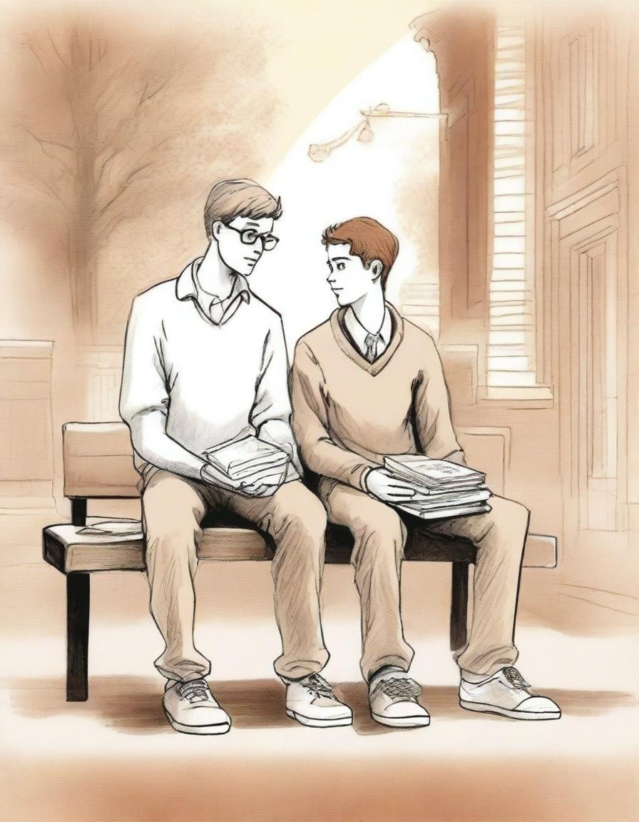 This is a high-quality illustration that beautifully portrays two young white college men, the protagonist and 'A', seated on a bench amidst the campus bustle