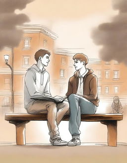This is a high-quality illustration that beautifully portrays two young white college men, the protagonist and 'A', seated on a bench amidst the campus bustle