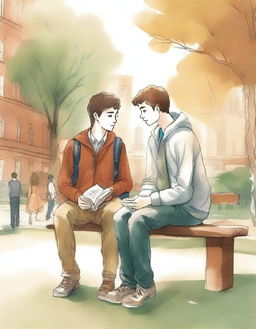 This is a high-quality illustration that beautifully portrays two young white college men, the protagonist and 'A', seated on a bench amidst the campus bustle