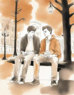 This is a high-quality illustration that beautifully portrays two young white college men, the protagonist and 'A', seated on a bench amidst the campus bustle