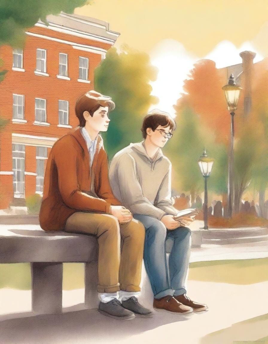 This high-quality illustration portrays two young white college men, the protagonist and 'A,' seated on a bench amidst the campus bustle