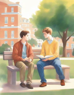 This high-quality illustration portrays two young white college men, the protagonist and 'A,' seated on a bench amidst the campus bustle
