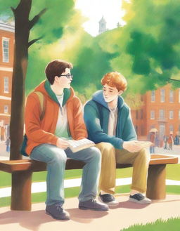 This high-quality illustration portrays two young white college men, the protagonist and 'A,' seated on a bench amidst the campus bustle