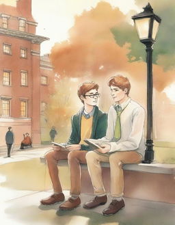 This high-quality illustration portrays two young white college men, the protagonist and 'A,' seated on a bench amidst the campus bustle