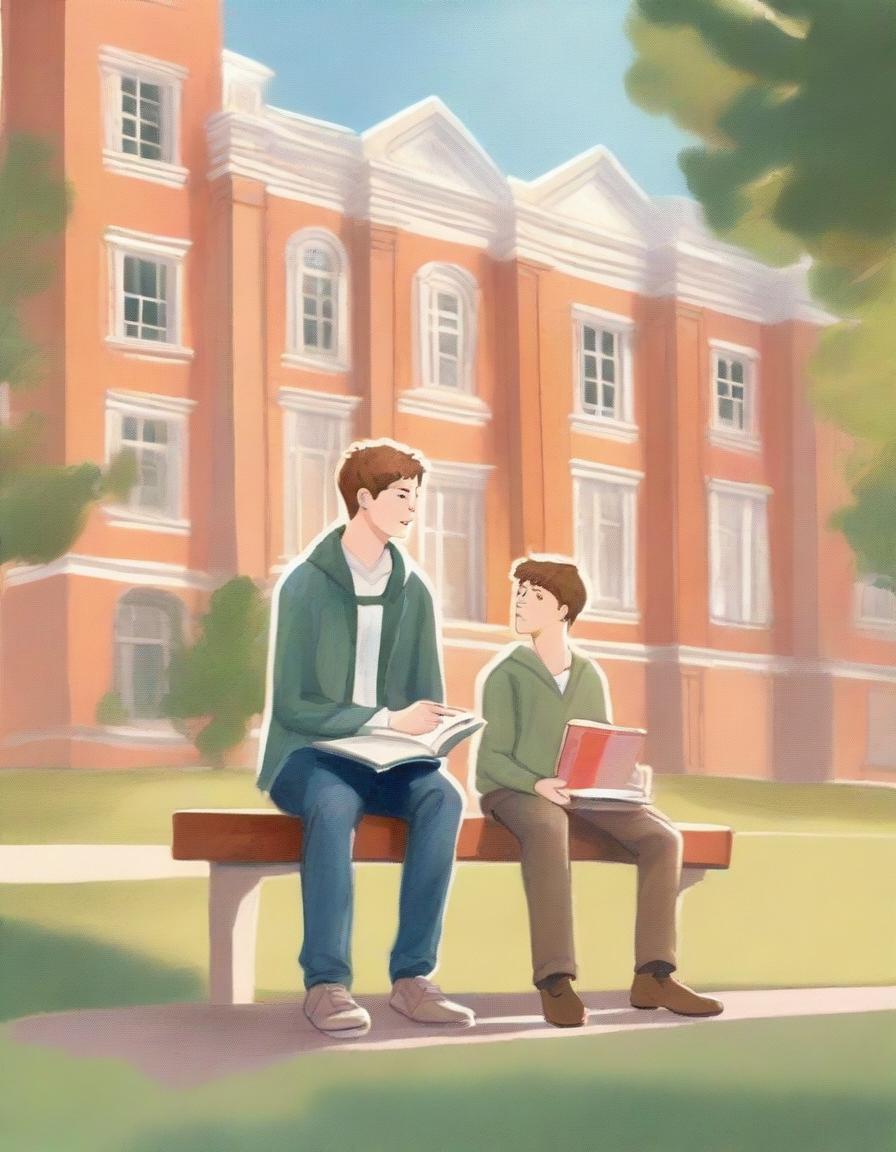 This high-quality illustration shows two young white college men, the protagonist and 'A', seated on a bench amidst the campus bustle