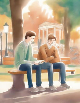 This high-quality illustration shows two young white college men, the protagonist and 'A', seated on a bench amidst the campus bustle