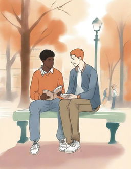 This high-quality illustration shows two young white college men, the protagonist and 'A', seated on a bench amidst the campus bustle