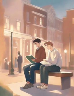 This high-quality illustration shows two young white college men, the protagonist and 'A', seated on a bench amidst the campus bustle