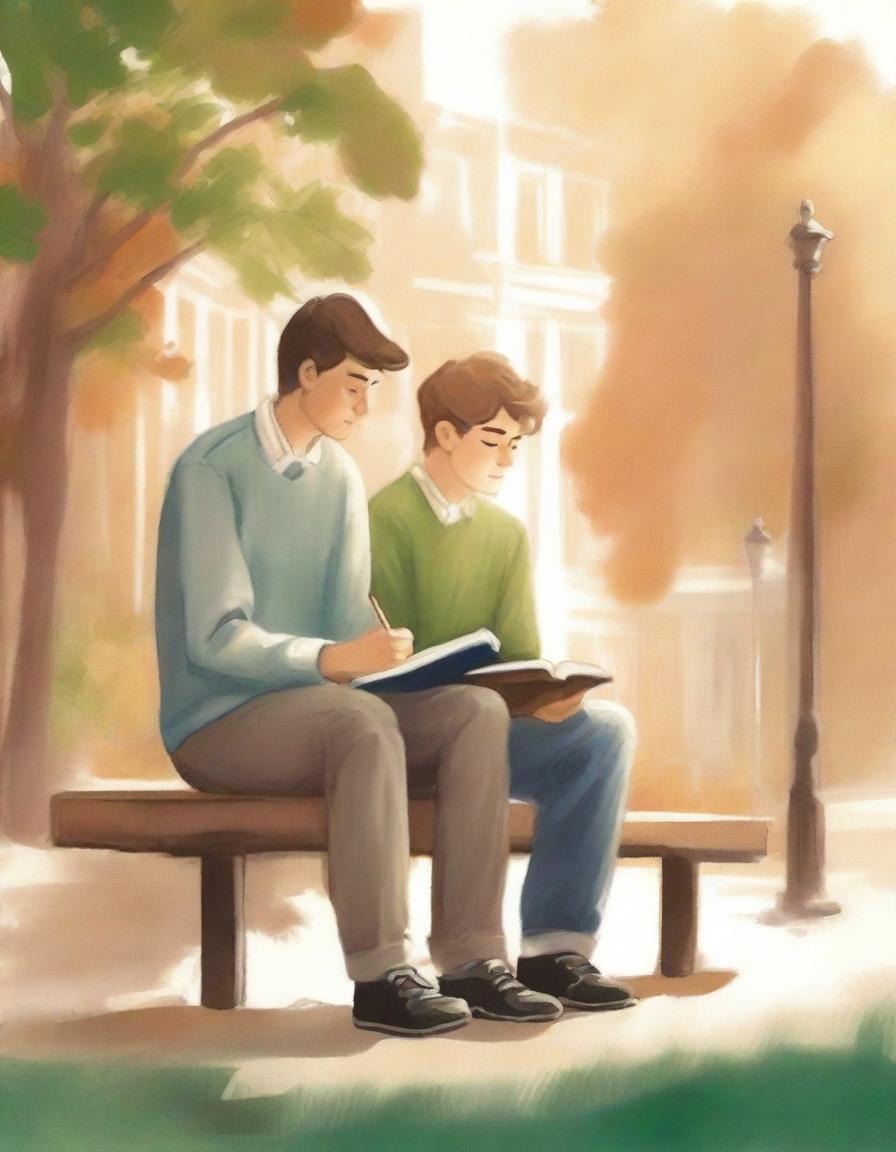 This premium illustration depicts two young white college men, the protagonist and 'A', seated on a bench amidst the bustling campus