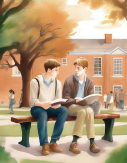 This premium illustration depicts two young white college men, the protagonist and 'A', seated on a bench amidst the bustling campus