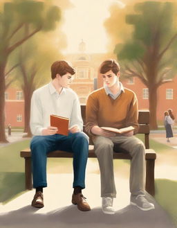 This premium illustration depicts two young white college men, the protagonist and 'A', seated on a bench amidst the bustling campus
