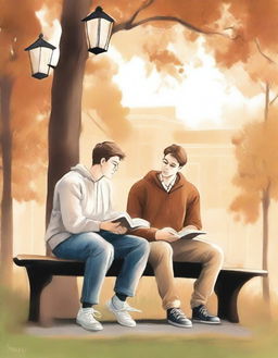 This premium illustration depicts two young white college men, the protagonist and 'A', seated on a bench amidst the bustling campus