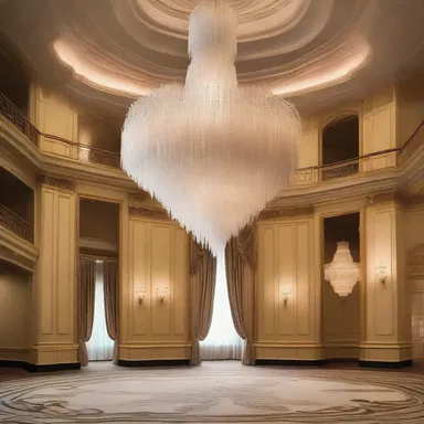 The elegant chandelier, crafted with delicate feathers, gracefully hangs from the ceiling, adding a touch of opulence and sophistication to the grand ballroom's architectural design.