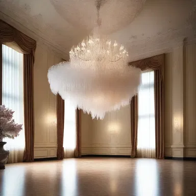 The elegant chandelier, crafted with delicate feathers, gracefully hangs from the ceiling, adding a touch of opulence and sophistication to the grand ballroom's architectural design.