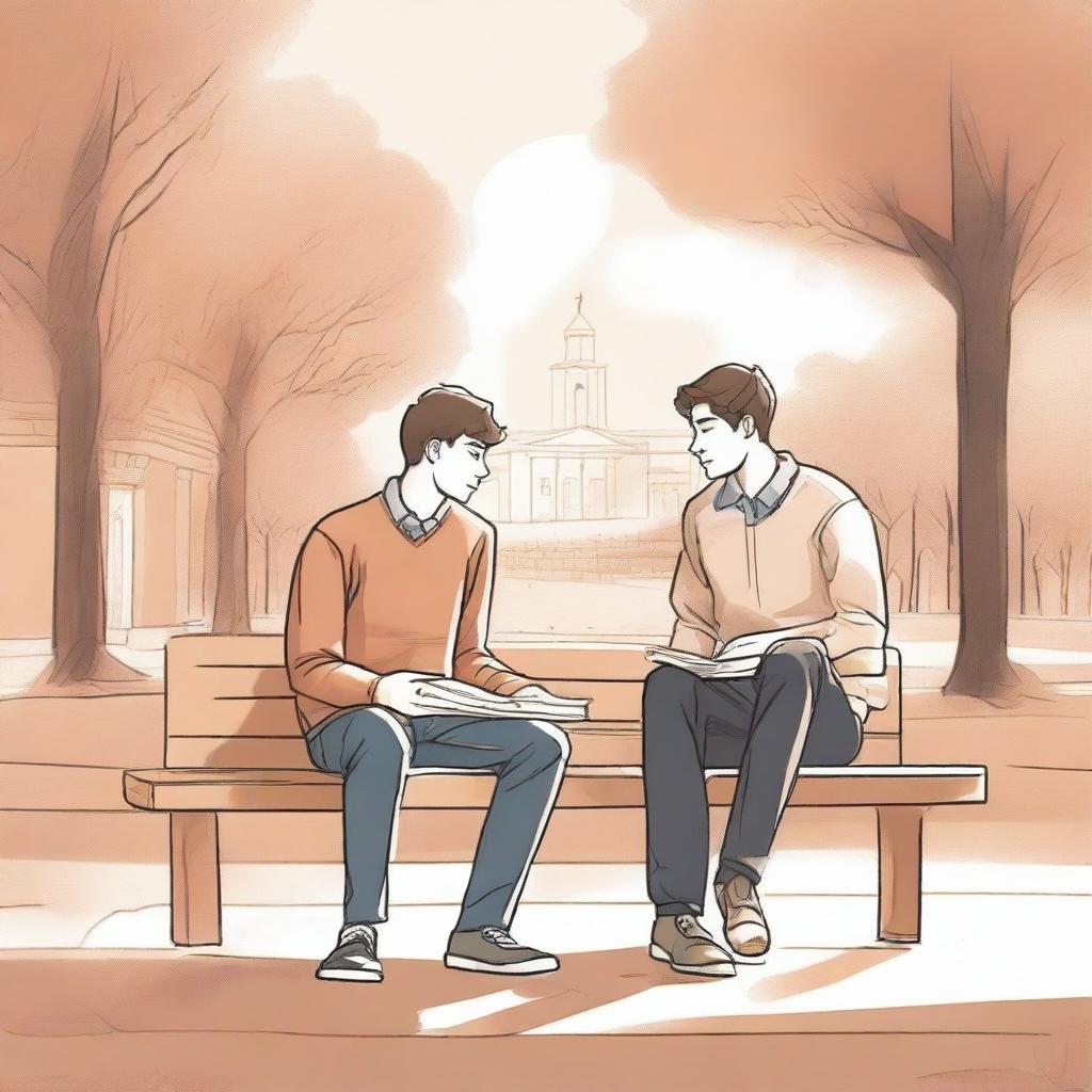 This high-quality illustration presents two young white college men, the protagonist and 'A', seated on a bench amidst the busy campus