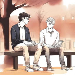 This high-quality illustration presents two young white college men, the protagonist and 'A', seated on a bench amidst the busy campus